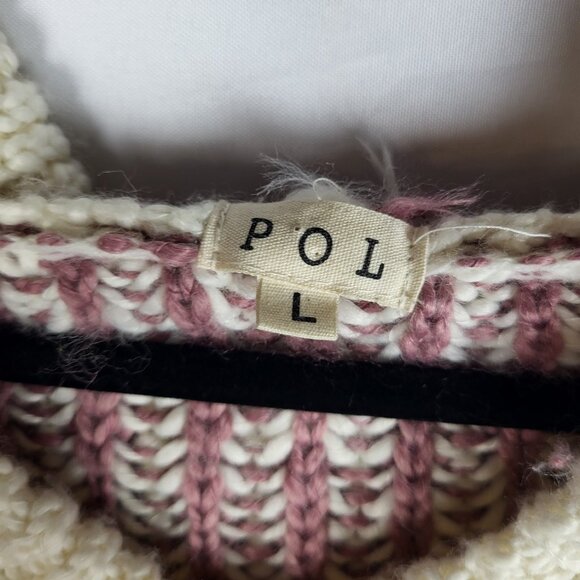 POL Chunky Sweater Women's Large Pink White Striped Hooded Wool Blend Soft Boho - Picture 6 of 10